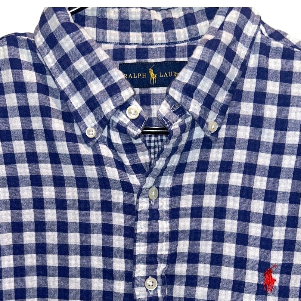 Ralph Lauren Button Down Shirt Large Men's Navy Blue Gingham Check Long Sleeve